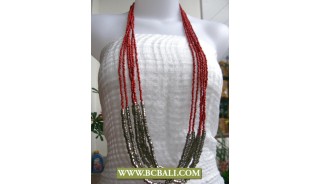 Fancy Long Braided Necklace Red Beaded mixed Metal